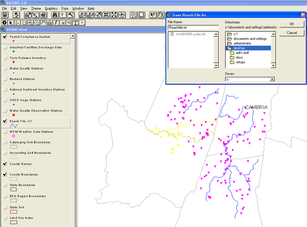 BASINS 3.0 Reach Selection Window